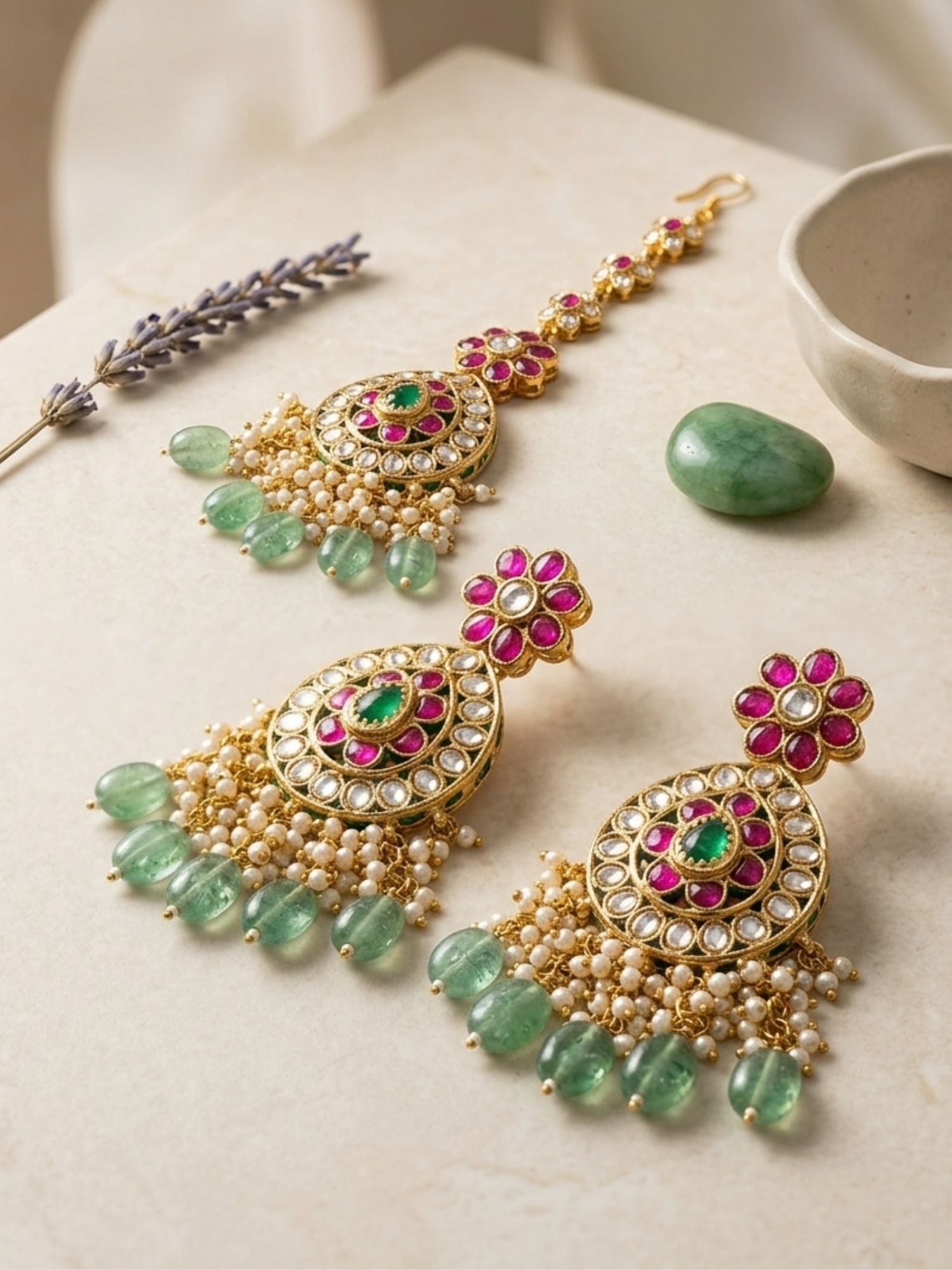 Abdesigns Royal Kundan Bridal Choker Set with Maang Tikka & Green Drops