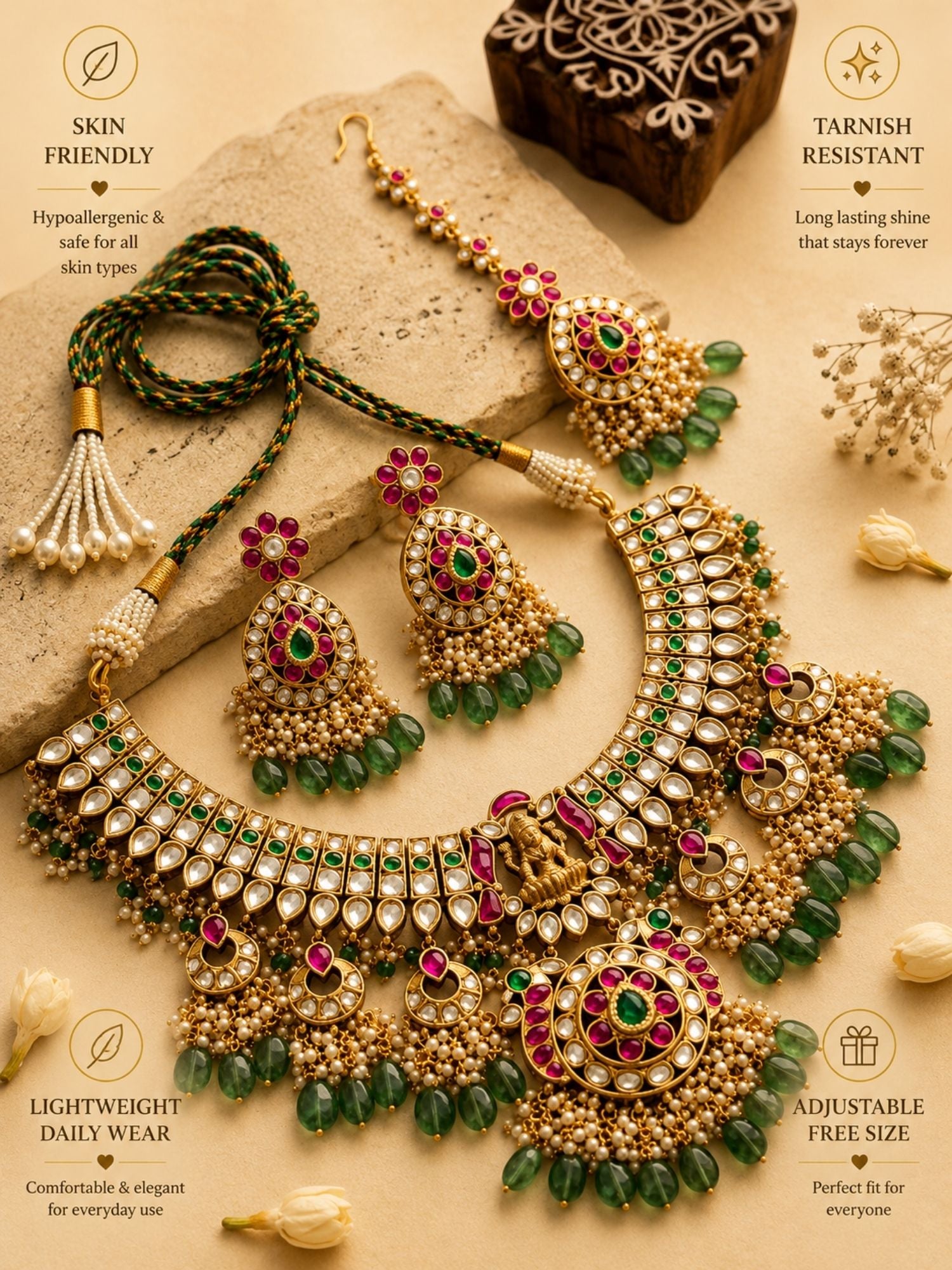 Abdesigns Royal Kundan Bridal Choker Set with Maang Tikka & Green Drops