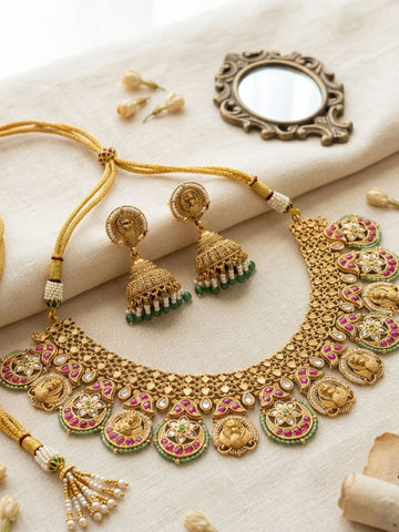 Abdesigns Antique Gold Peacock Motif Necklace Set with Ruby & Green Stones