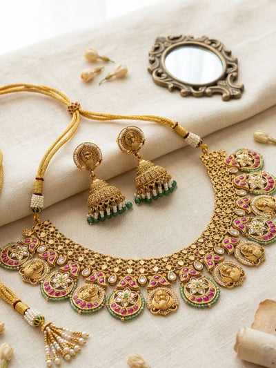 Abdesigns Antique Gold Peacock Motif Necklace Set with Ruby & Green Stones