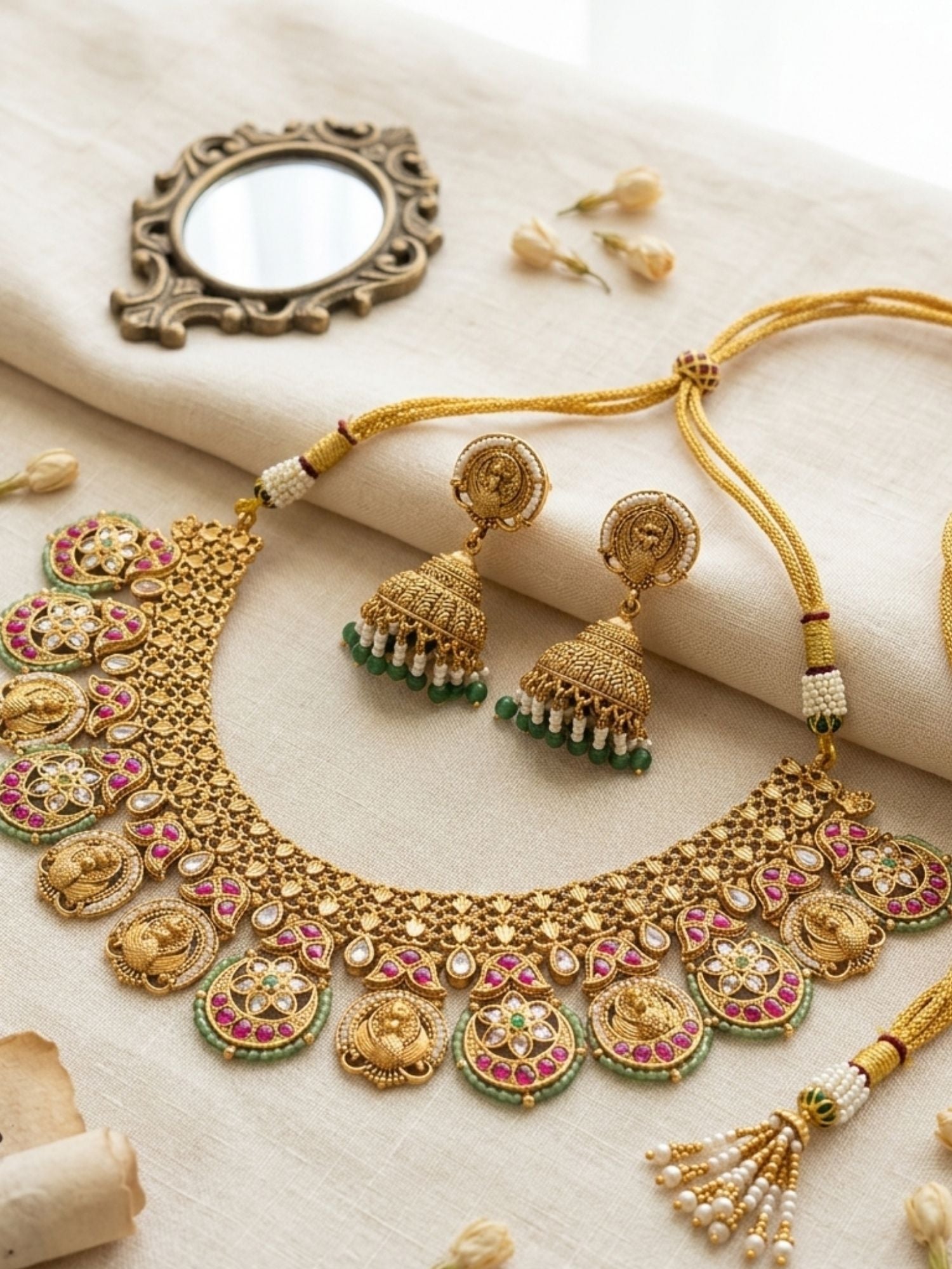 Abdesigns Antique Gold Peacock Motif Necklace Set with Ruby & Green Stones