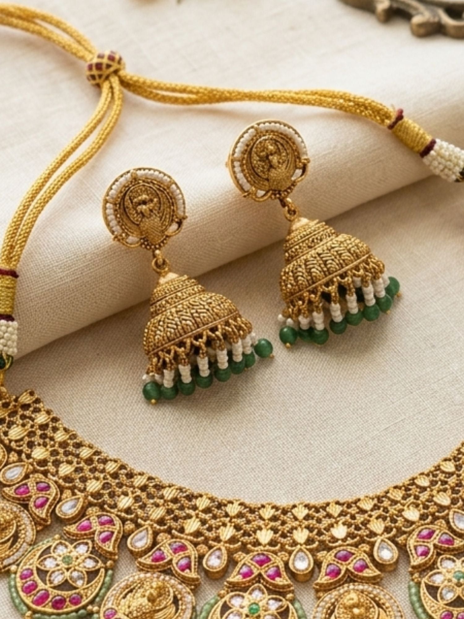 Abdesigns Antique Gold Peacock Motif Necklace Set with Ruby & Green Stones