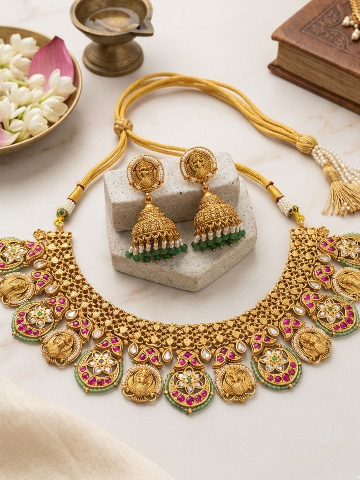 Abdesigns Antique Gold Peacock Motif Necklace Set with Ruby & Green Stones