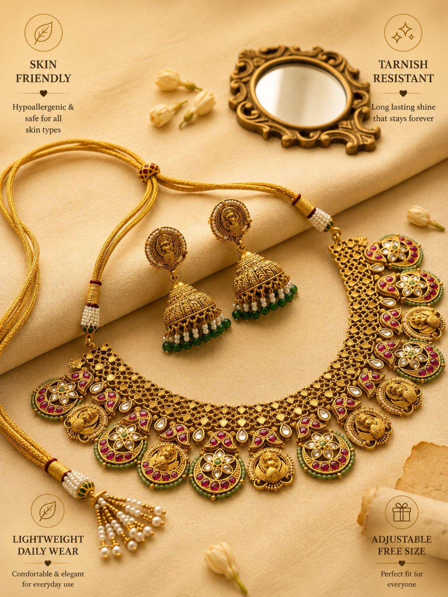 Abdesigns Antique Gold Peacock Motif Necklace Set with Ruby & Green Stones