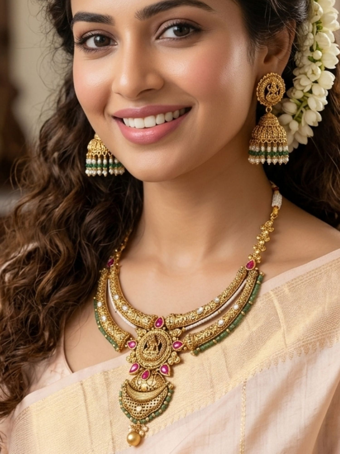 Abdesigns Antique Temple Gold Necklace Set with Ruby & Green Stone Detailing