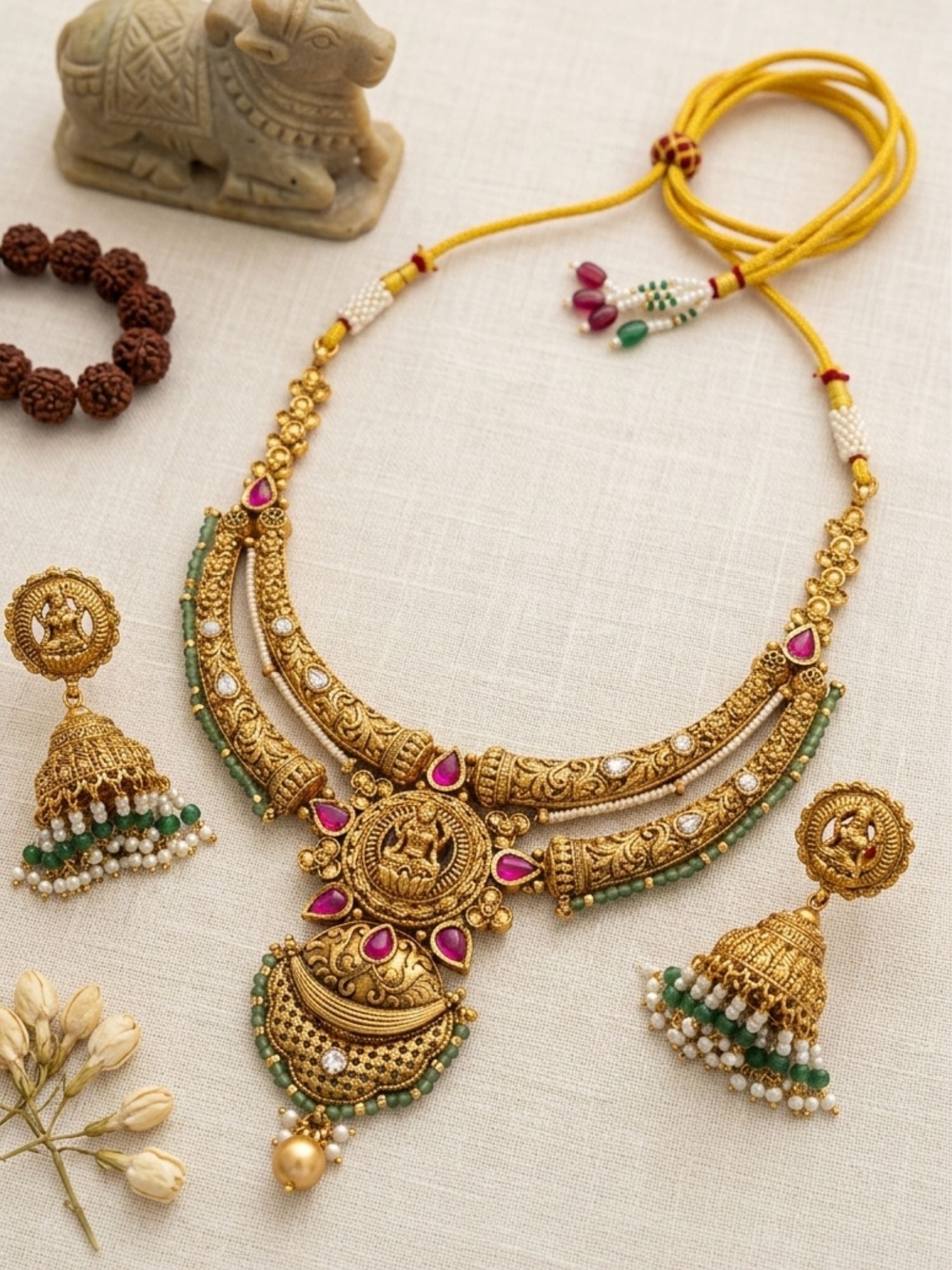 Abdesigns Antique Temple Gold Necklace Set with Ruby & Green Stone Detailing