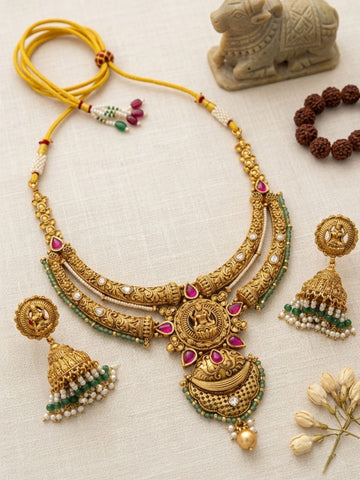 Abdesigns Antique Temple Gold Necklace Set with Ruby & Green Stone Detailing
