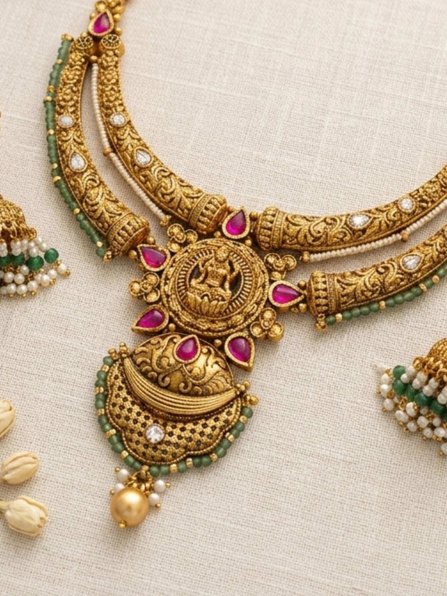 Abdesigns Antique Temple Gold Necklace Set with Ruby & Green Stone Detailing