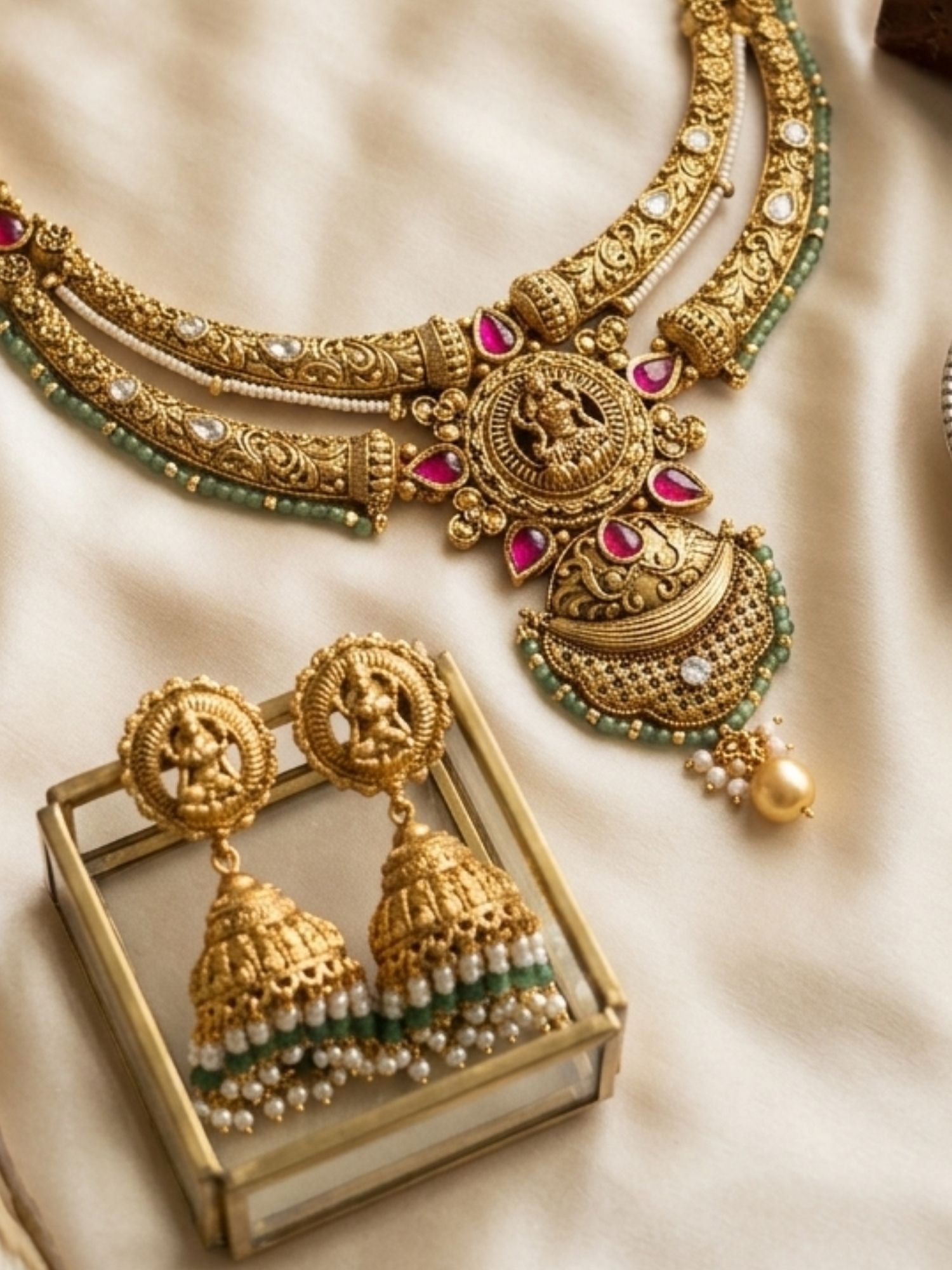 Abdesigns Antique Temple Gold Necklace Set with Ruby & Green Stone Detailing