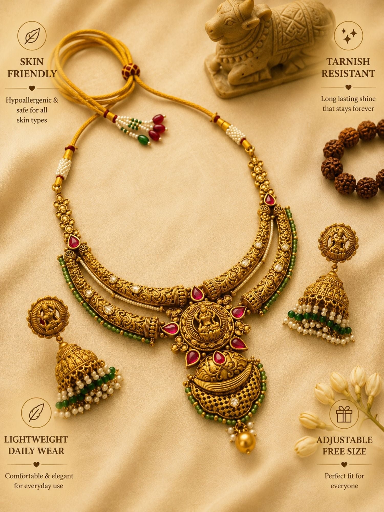 Abdesigns Antique Temple Gold Necklace Set with Ruby & Green Stone Detailing