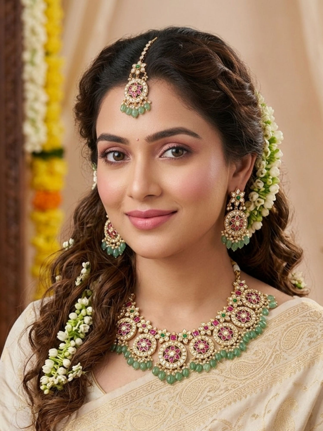 Abdesigns Royal Kundan Necklace Set with Maang Tikka & Green Bead Drops