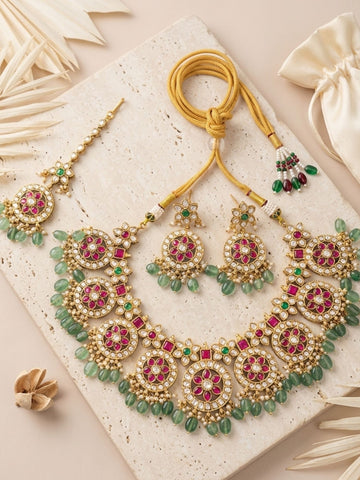 Abdesigns Royal Kundan Necklace Set with Maang Tikka & Green Bead Drops