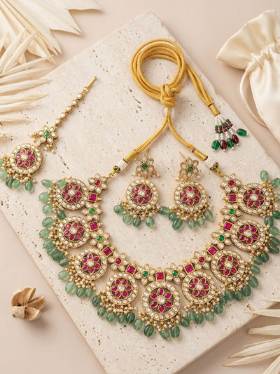 Abdesigns Royal Kundan Necklace Set with Maang Tikka & Green Bead Drops