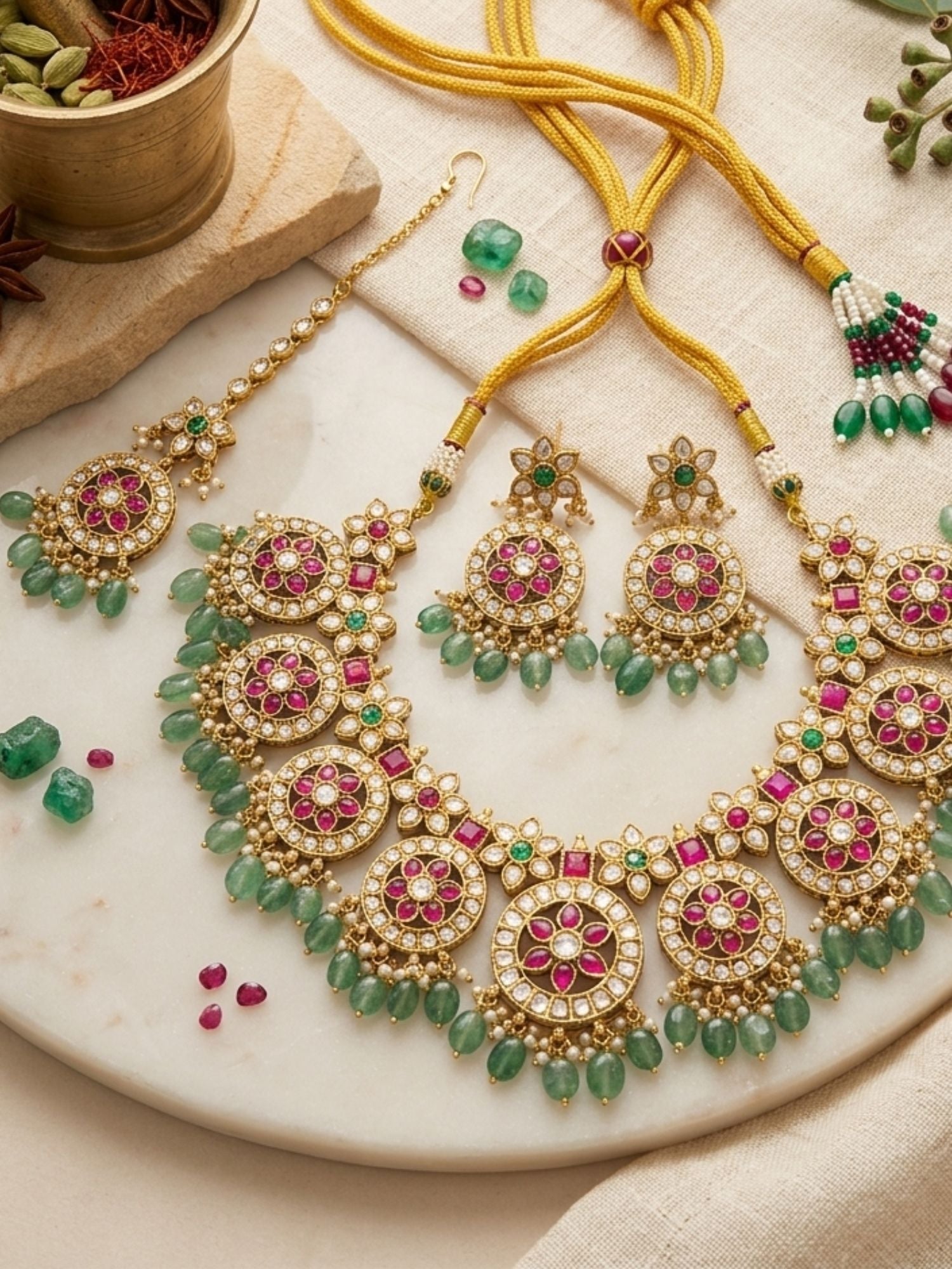 Abdesigns Royal Kundan Necklace Set with Maang Tikka & Green Bead Drops