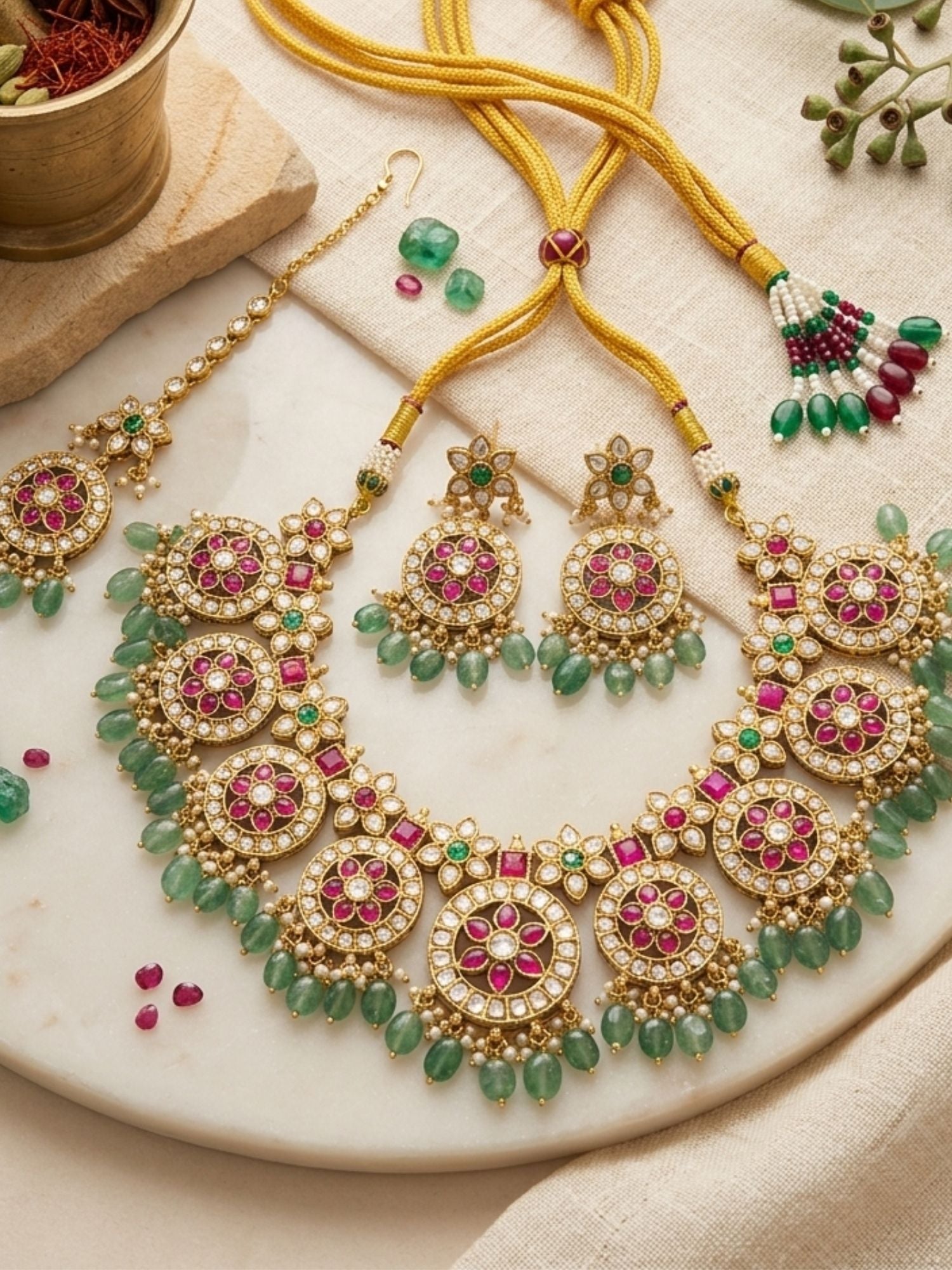 Abdesigns Royal Kundan Necklace Set with Maang Tikka & Green Bead Drops