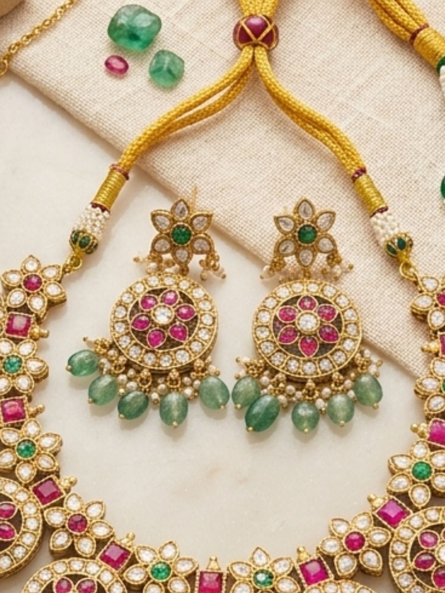 Abdesigns Royal Kundan Necklace Set with Maang Tikka & Green Bead Drops