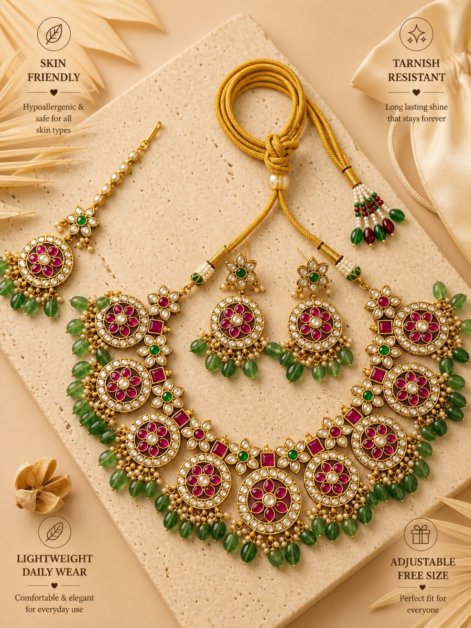 Abdesigns Royal Kundan Necklace Set with Maang Tikka & Green Bead Drops