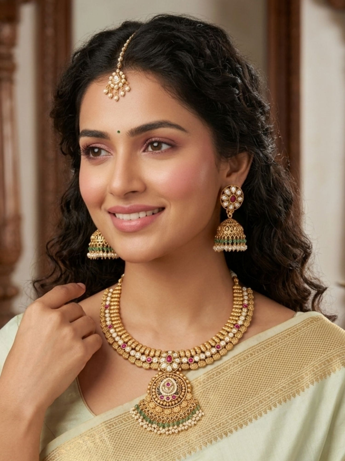 Abdesigns Royal Kundan Pearl Chandramala Necklace Set