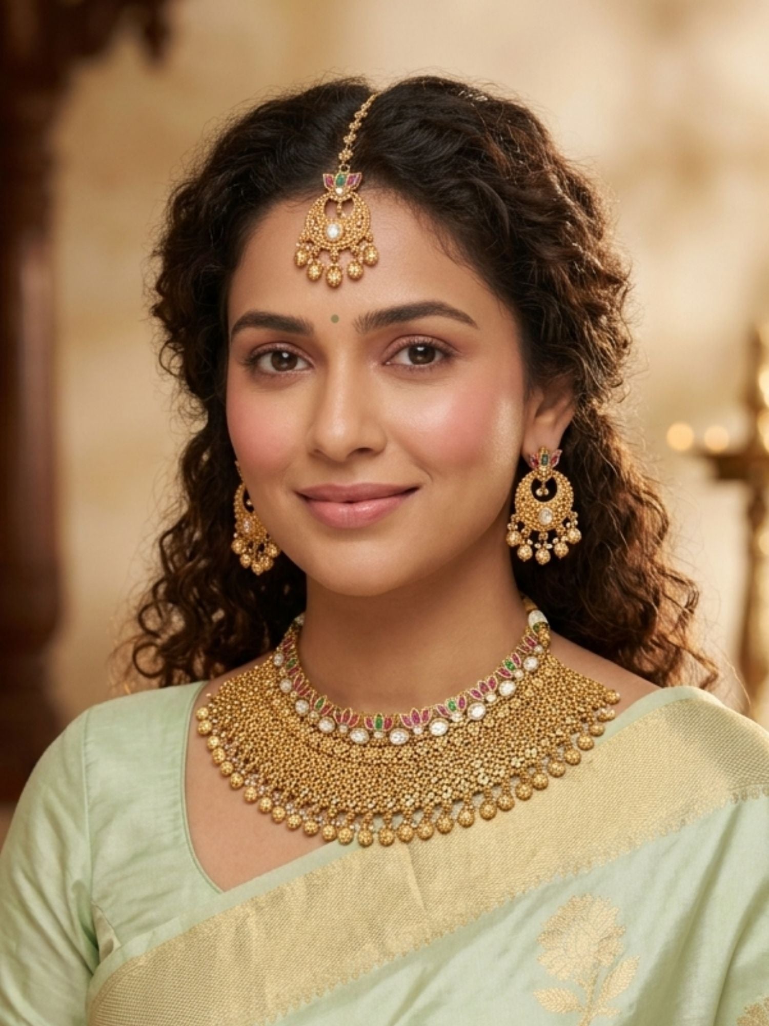 Abdesigns Traditional Gold Temple Jewelry Set with Maang Tikka