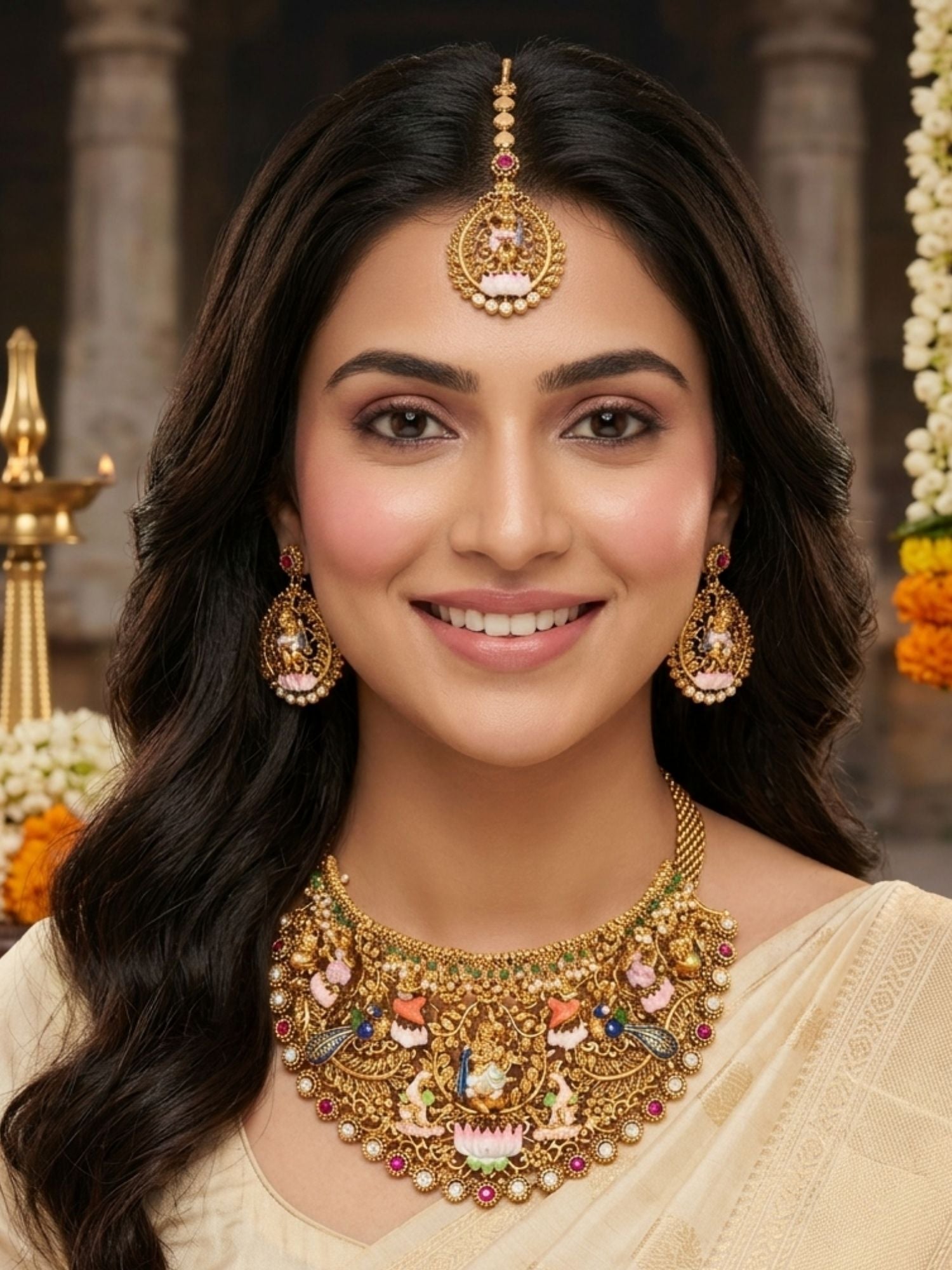 Abdesigns Royal Antique Gold Temple Jewelry Set with Intricate Choker, Maang Tikka & Earrings