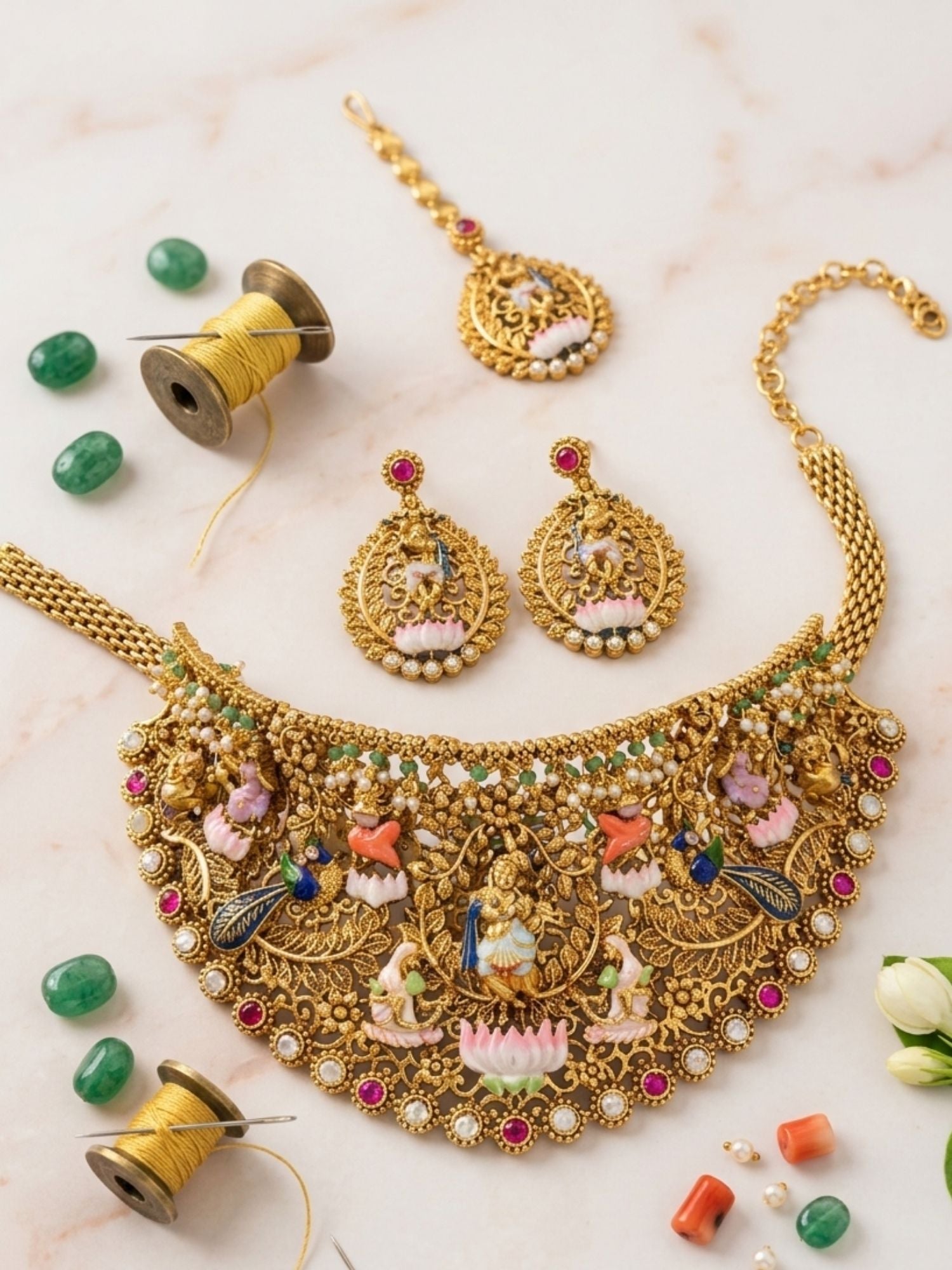 Abdesigns Royal Antique Gold Temple Jewelry Set with Intricate Choker, Maang Tikka & Earrings