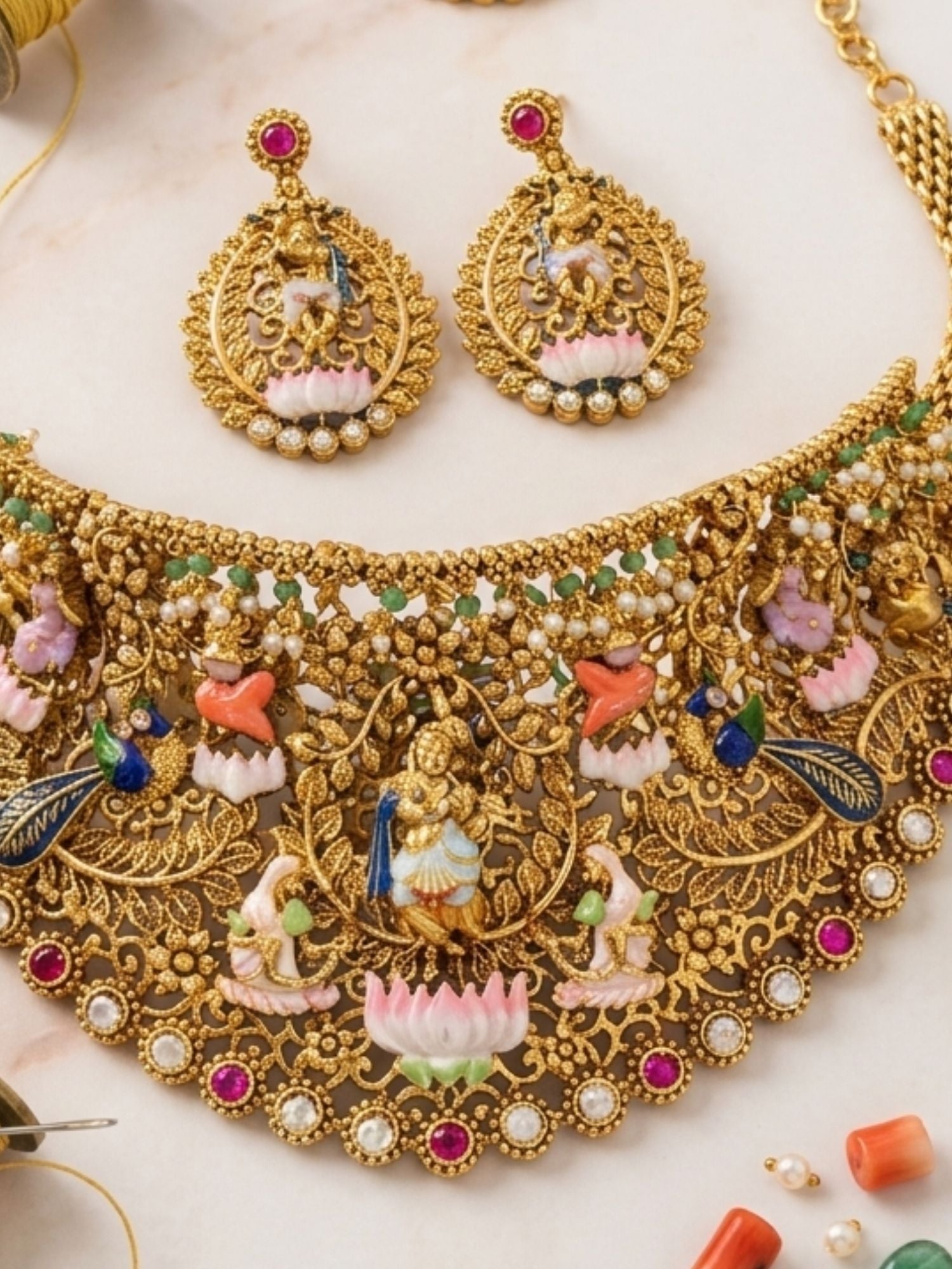 Abdesigns Royal Antique Gold Temple Jewelry Set with Intricate Choker, Maang Tikka & Earrings