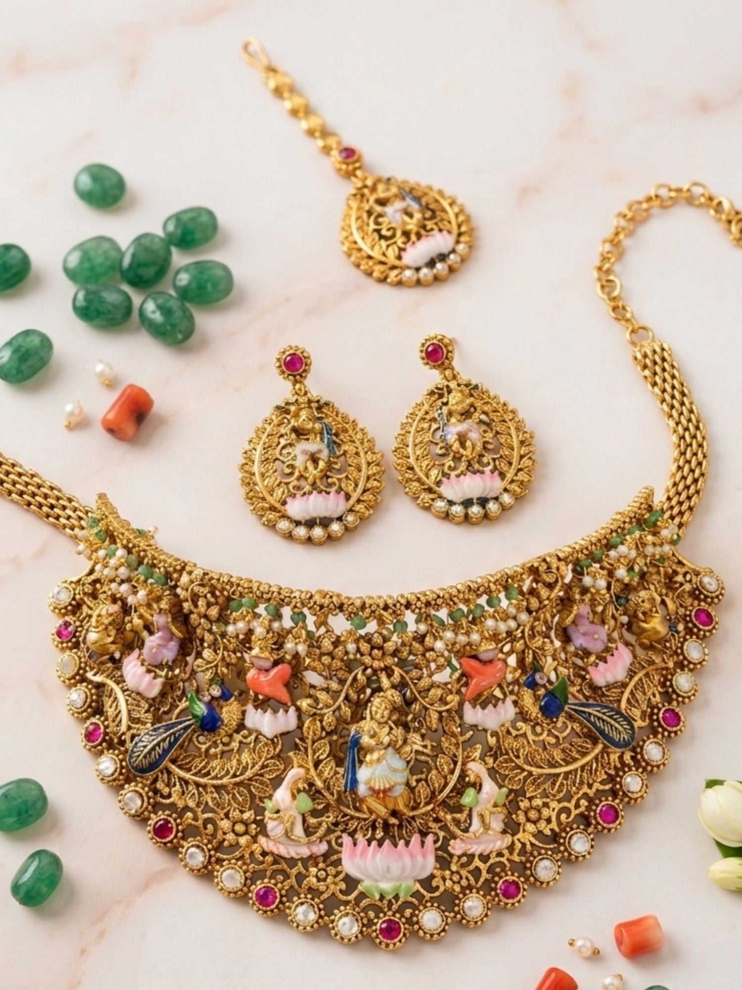 Abdesigns Royal Antique Gold Temple Jewelry Set with Intricate Choker, Maang Tikka & Earrings