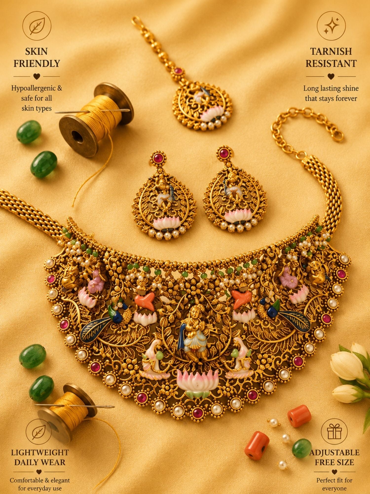 Royal Antique Gold Temple Jewelry Set with Intricate Choker, Maang Tikka & Earrings - necklace by Abdesigns Jewellery