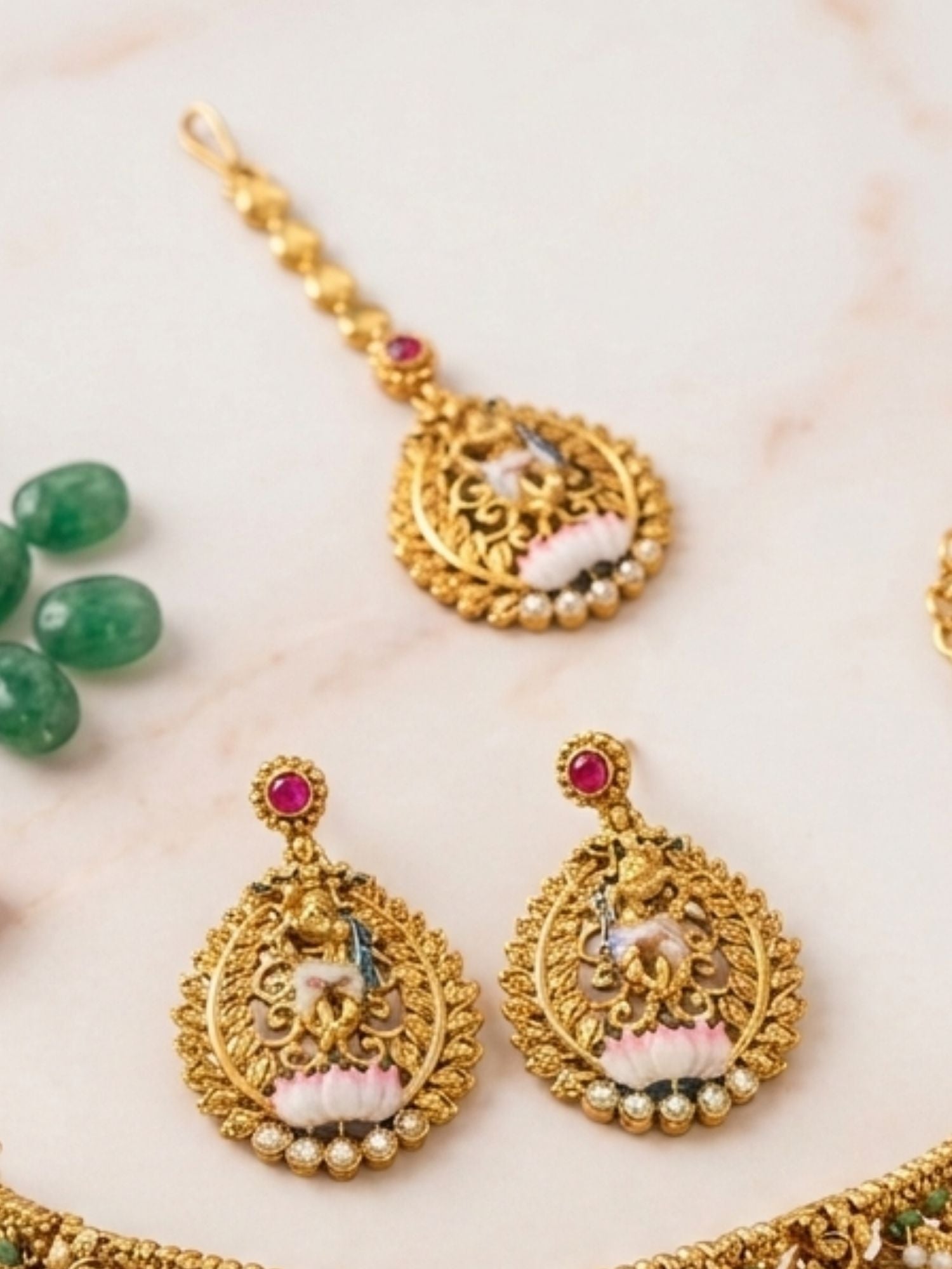 Abdesigns Royal Antique Gold Temple Jewelry Set with Intricate Choker, Maang Tikka & Earrings