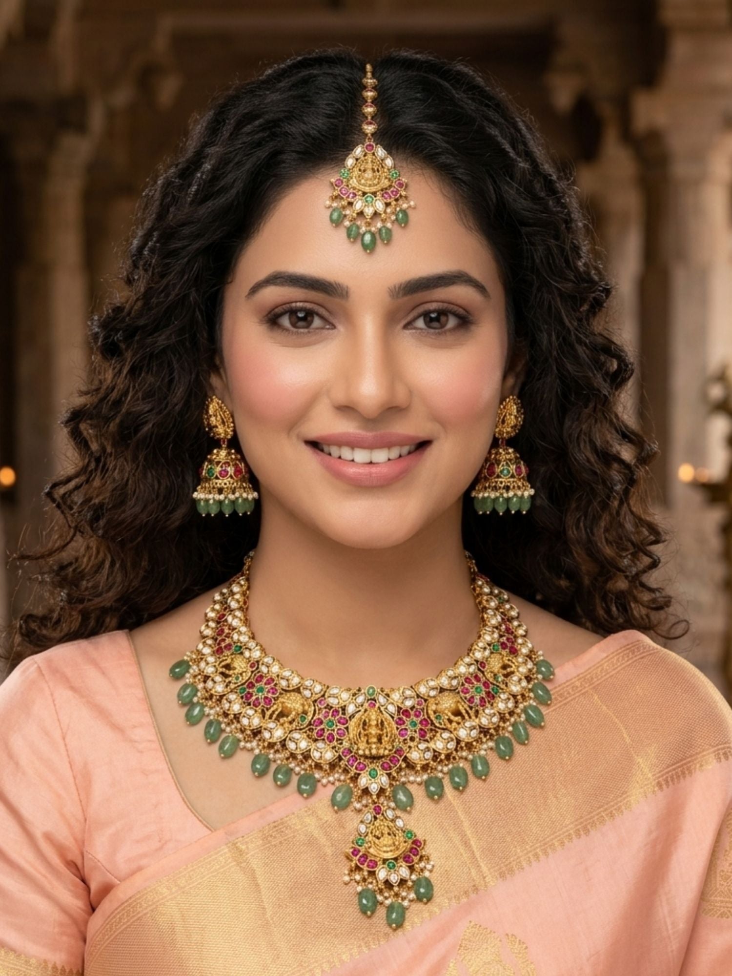 Abdesigns Gold Plated Kundan & Green Bead Bridal Jewelry Set