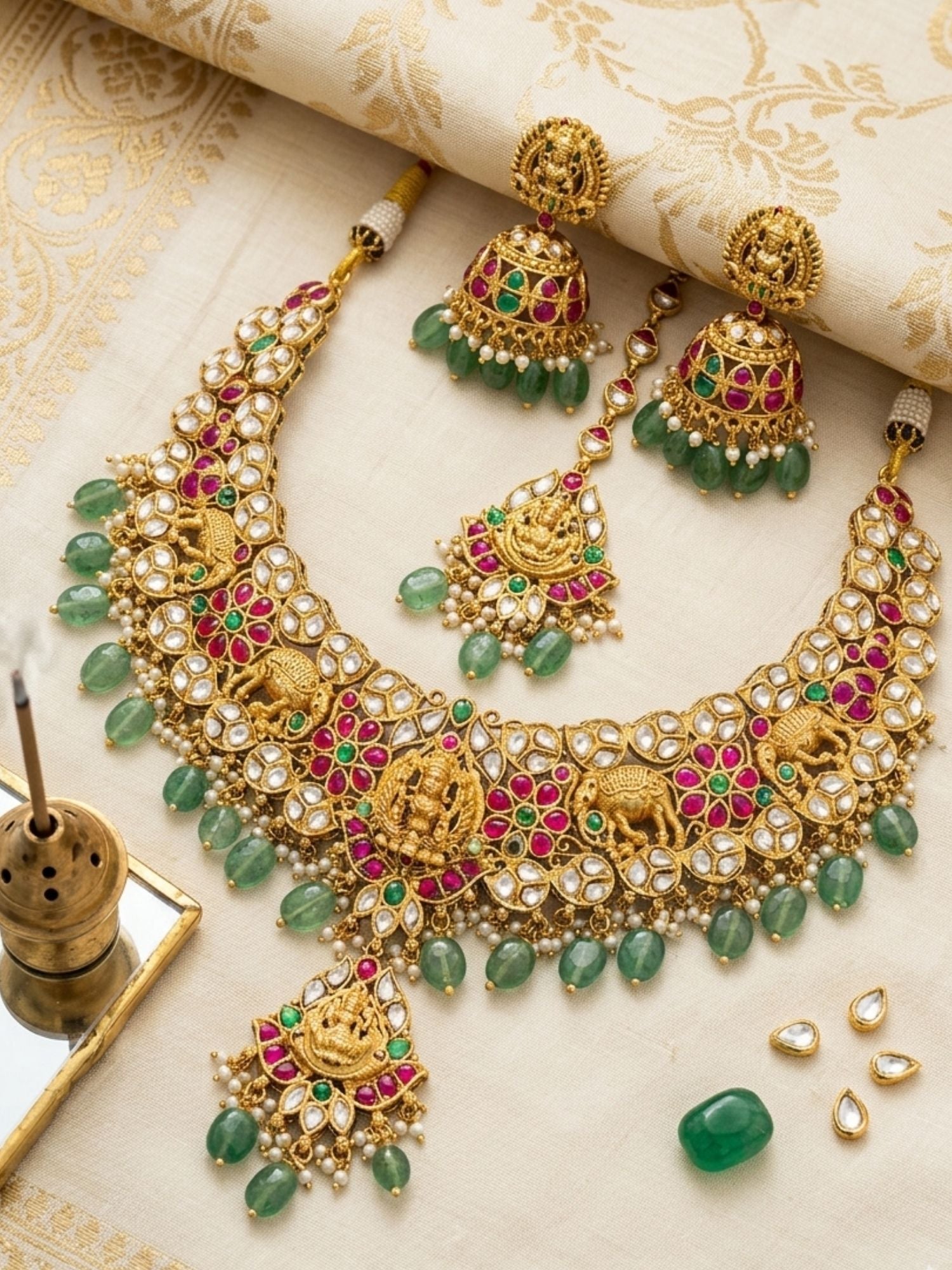 Abdesigns Gold Plated Kundan & Green Bead Bridal Jewelry Set