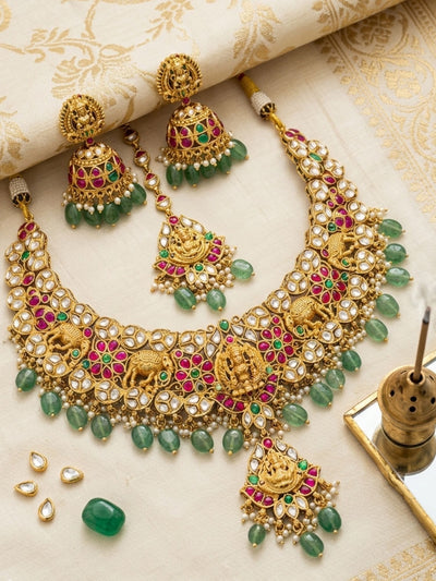 Abdesigns Gold Plated Kundan & Green Bead Bridal Jewelry Set