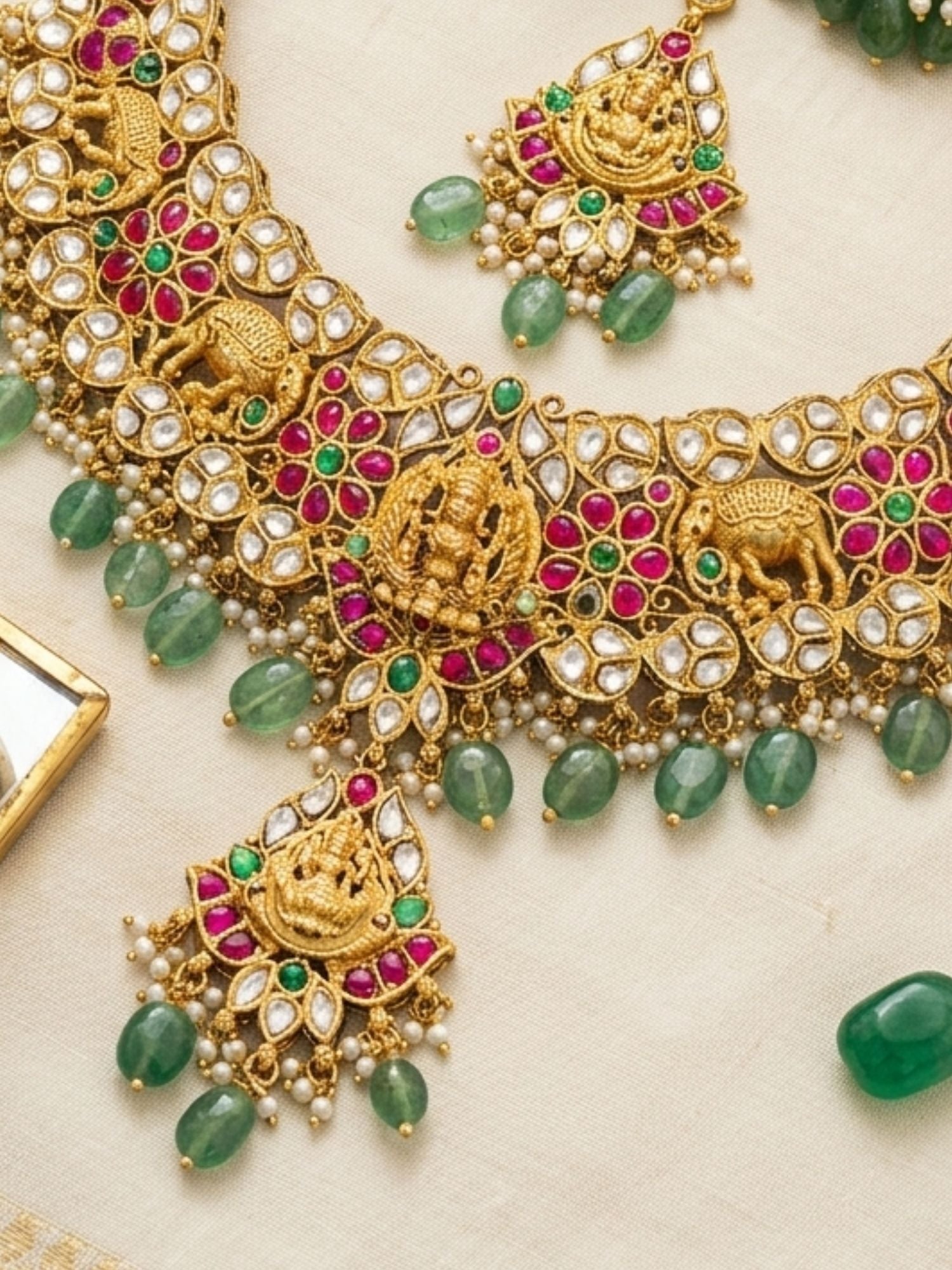 Abdesigns Gold Plated Kundan & Green Bead Bridal Jewelry Set