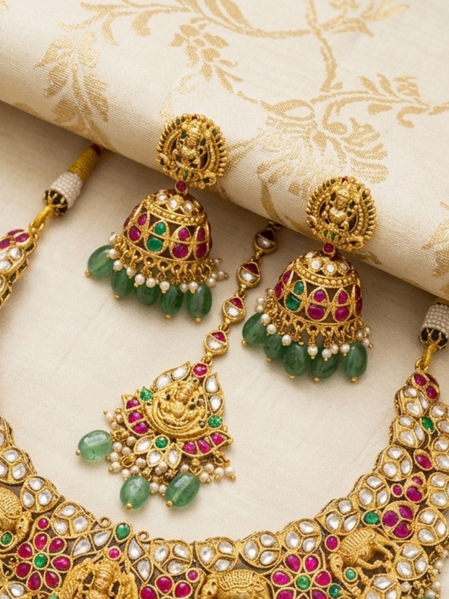 Abdesigns Gold Plated Kundan & Green Bead Bridal Jewelry Set