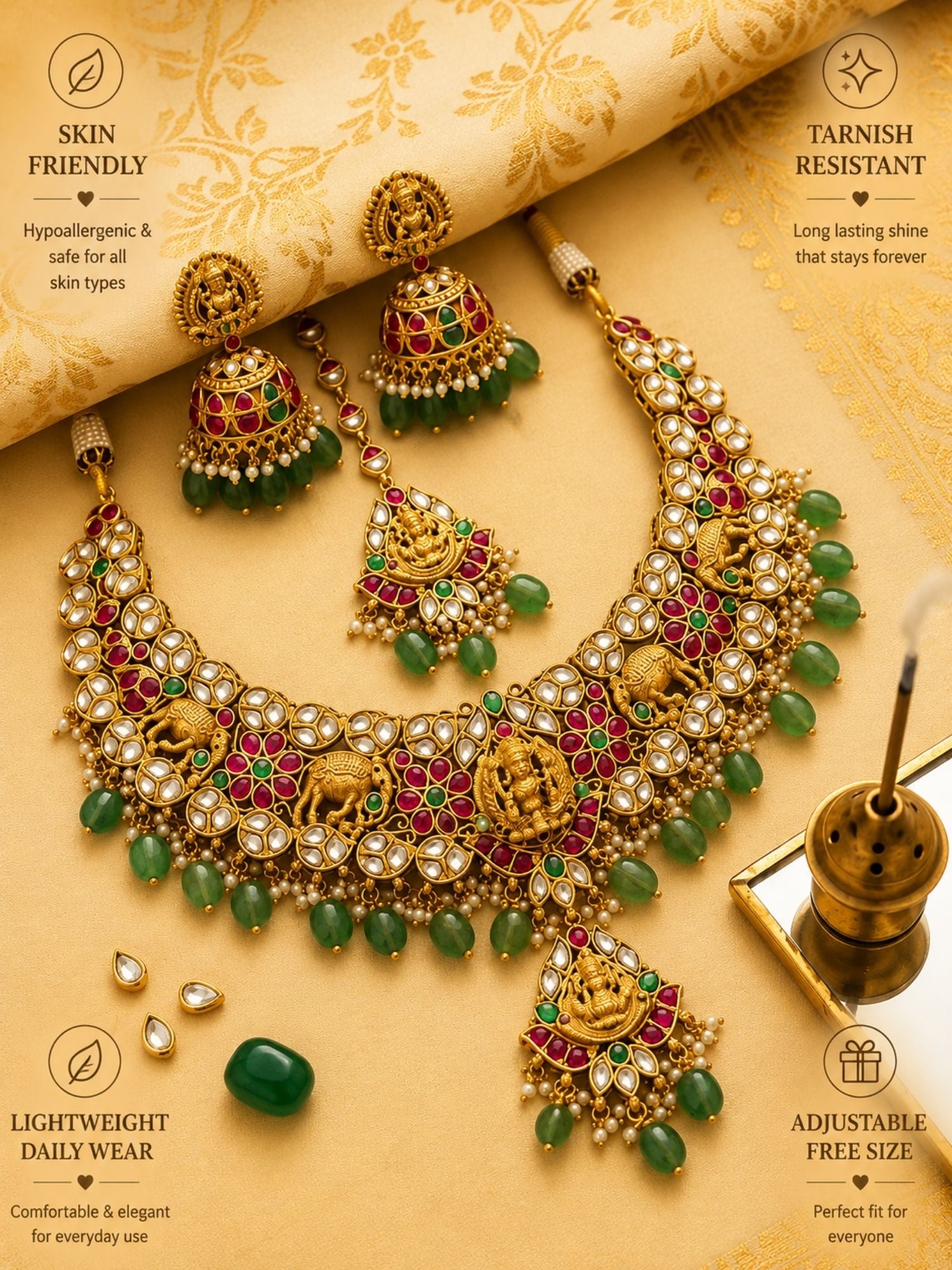 Abdesigns Gold Plated Kundan & Green Bead Bridal Jewelry Set