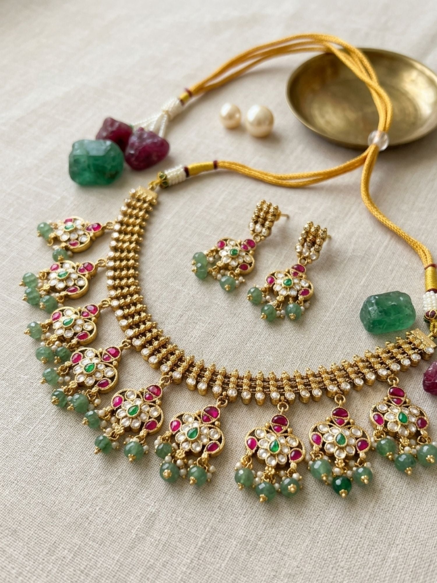 Abdesigns Emerald & Ruby Polki Choker Set with Jhumka Earrings