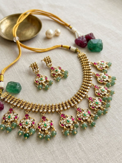 Abdesigns Emerald & Ruby Polki Choker Set with Jhumka Earrings