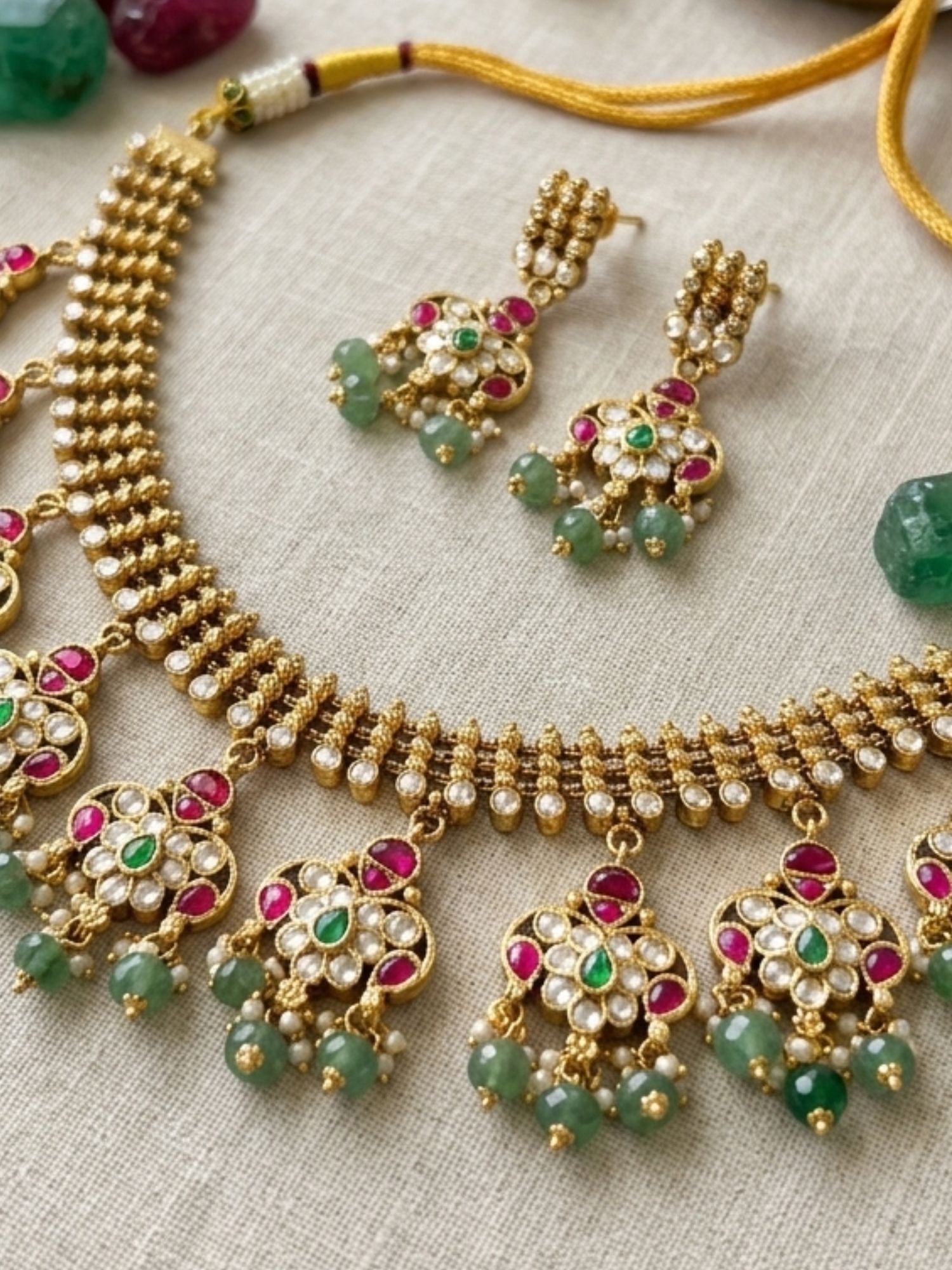 Abdesigns Emerald & Ruby Polki Choker Set with Jhumka Earrings