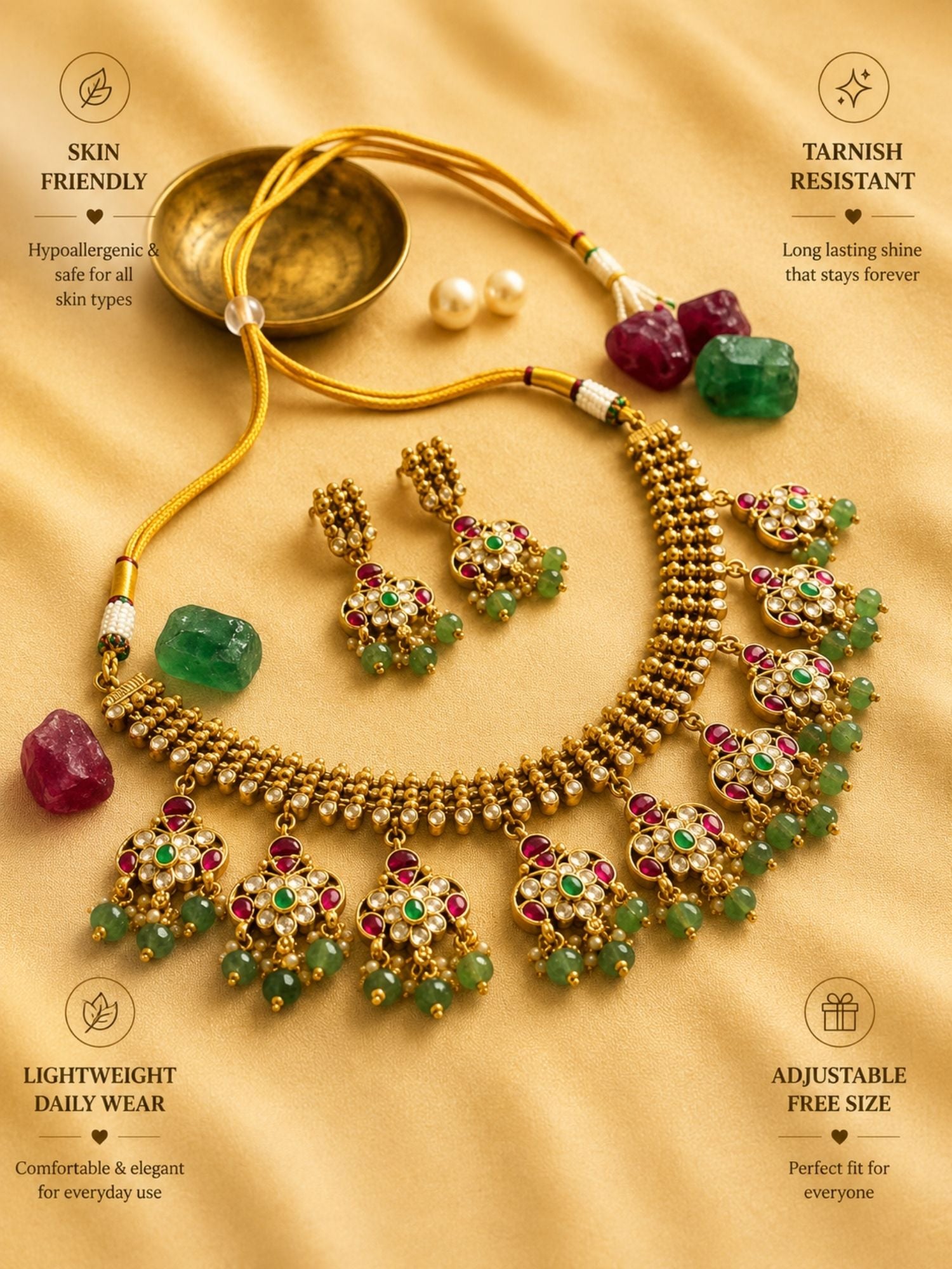 Abdesigns Emerald & Ruby Polki Choker Set with Jhumka Earrings