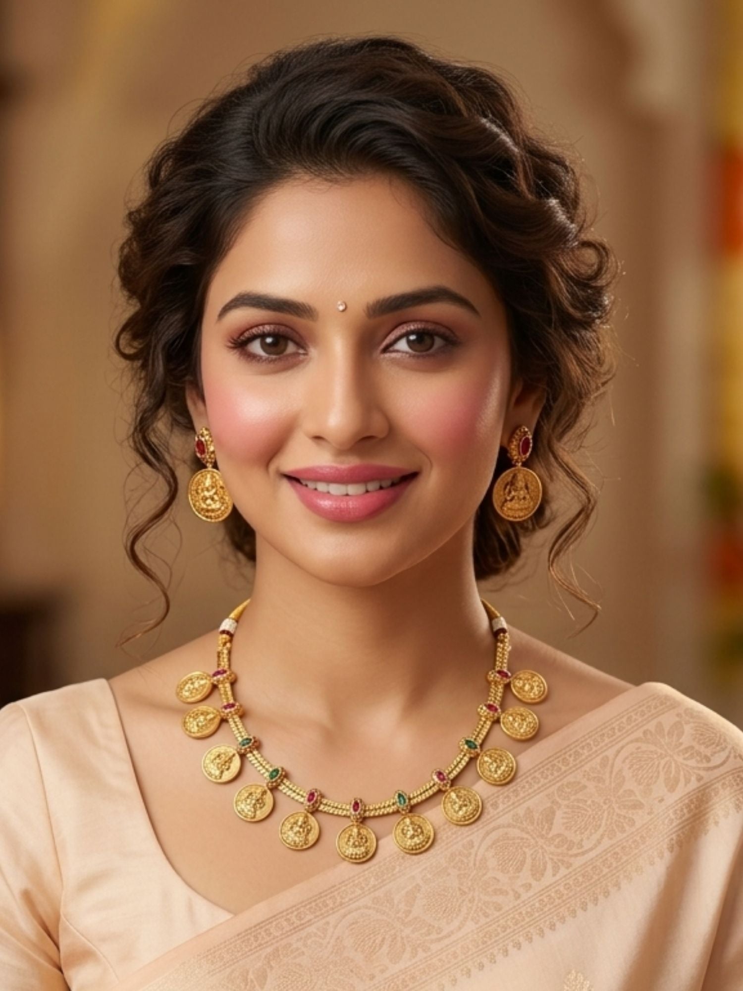 Abdesigns Lakshmi Coin Temple Necklace Set with Matching Earrings