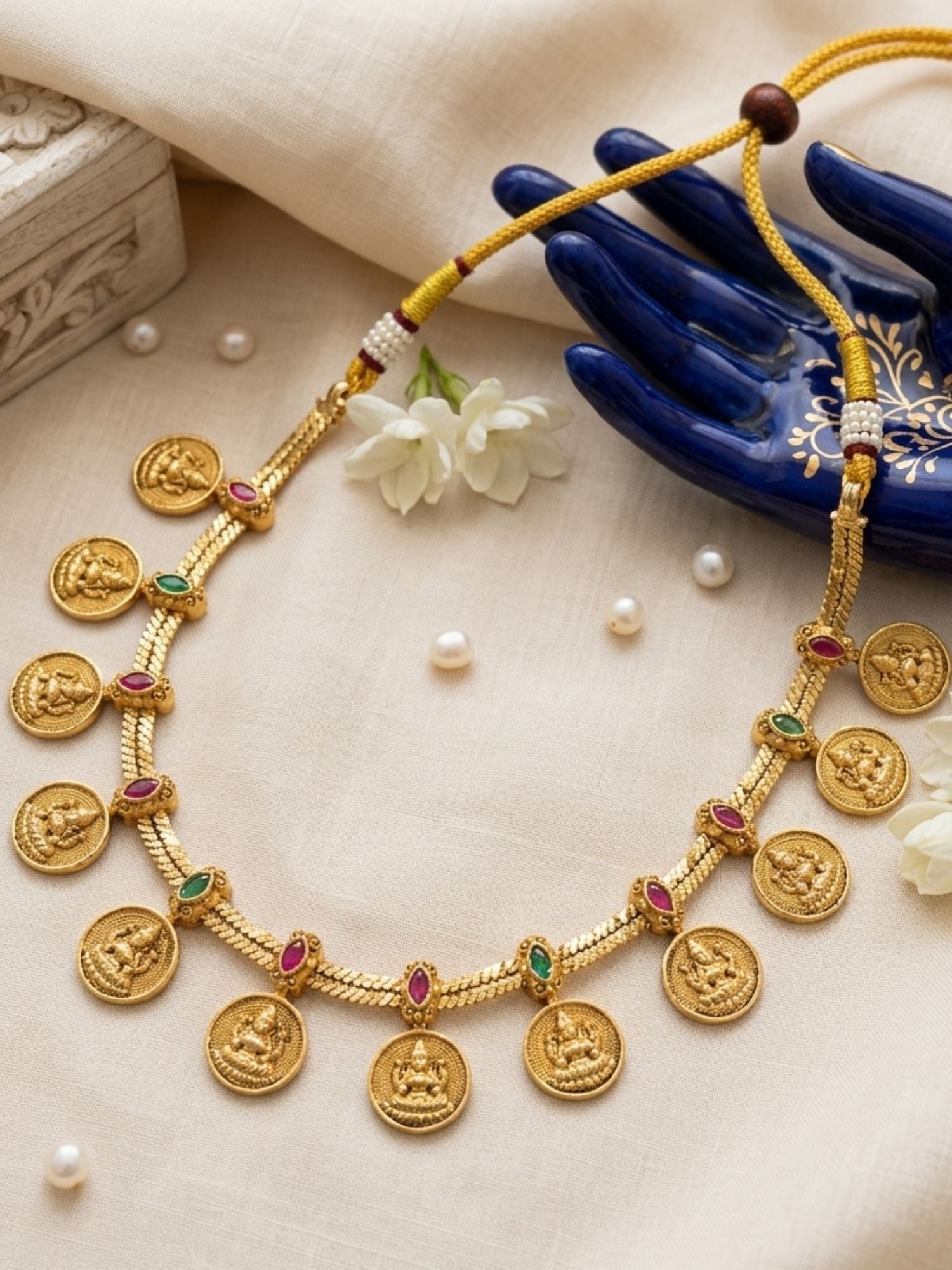 Abdesigns Lakshmi Coin Temple Necklace Set with Matching Earrings