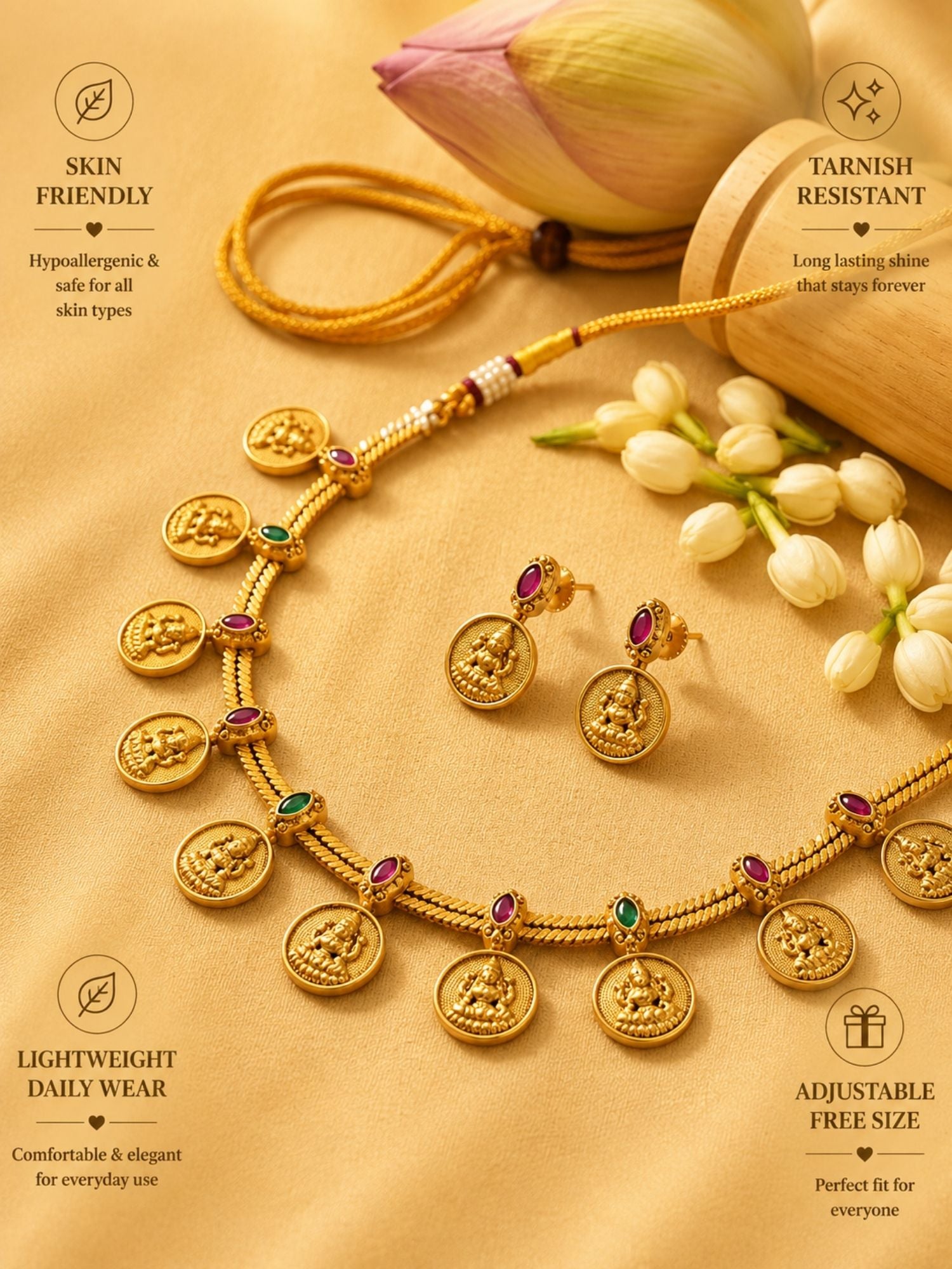 Abdesigns Lakshmi Coin Temple Necklace Set with Matching Earrings