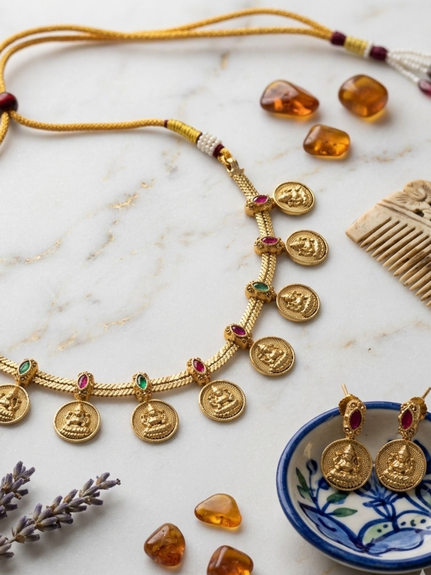 Abdesigns Lakshmi Coin Temple Necklace Set with Matching Earrings
