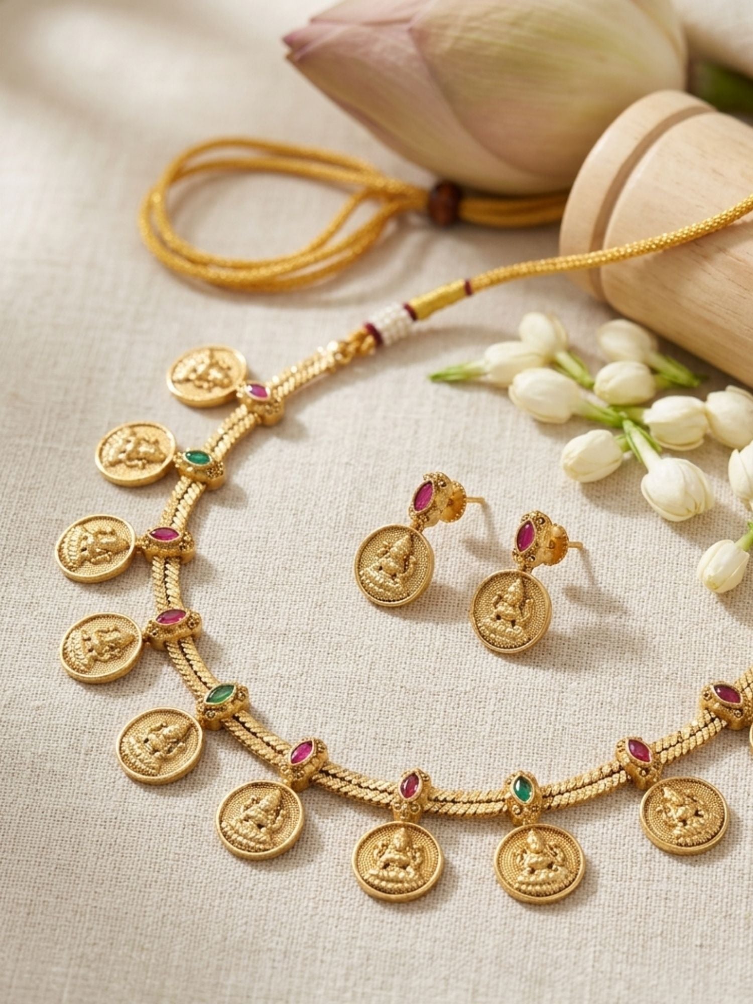Abdesigns Lakshmi Coin Temple Necklace Set with Matching Earrings