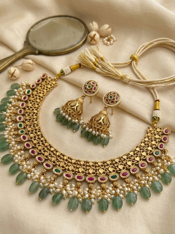 Abdesigns Royal Kundan Choker Set with Emerald Drops & Jhumka Earrings