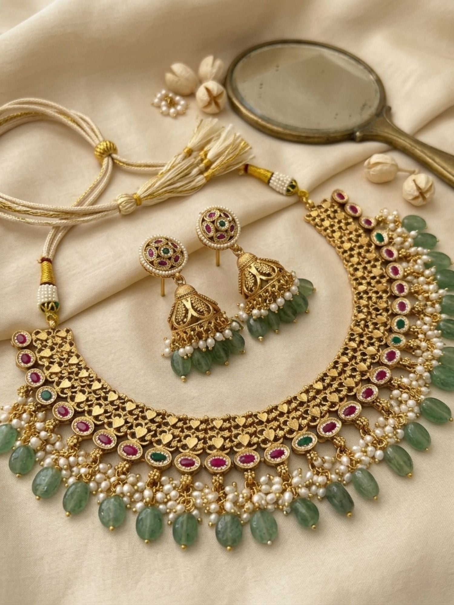 Abdesigns Royal Kundan Choker Set with Emerald Drops & Jhumka Earrings
