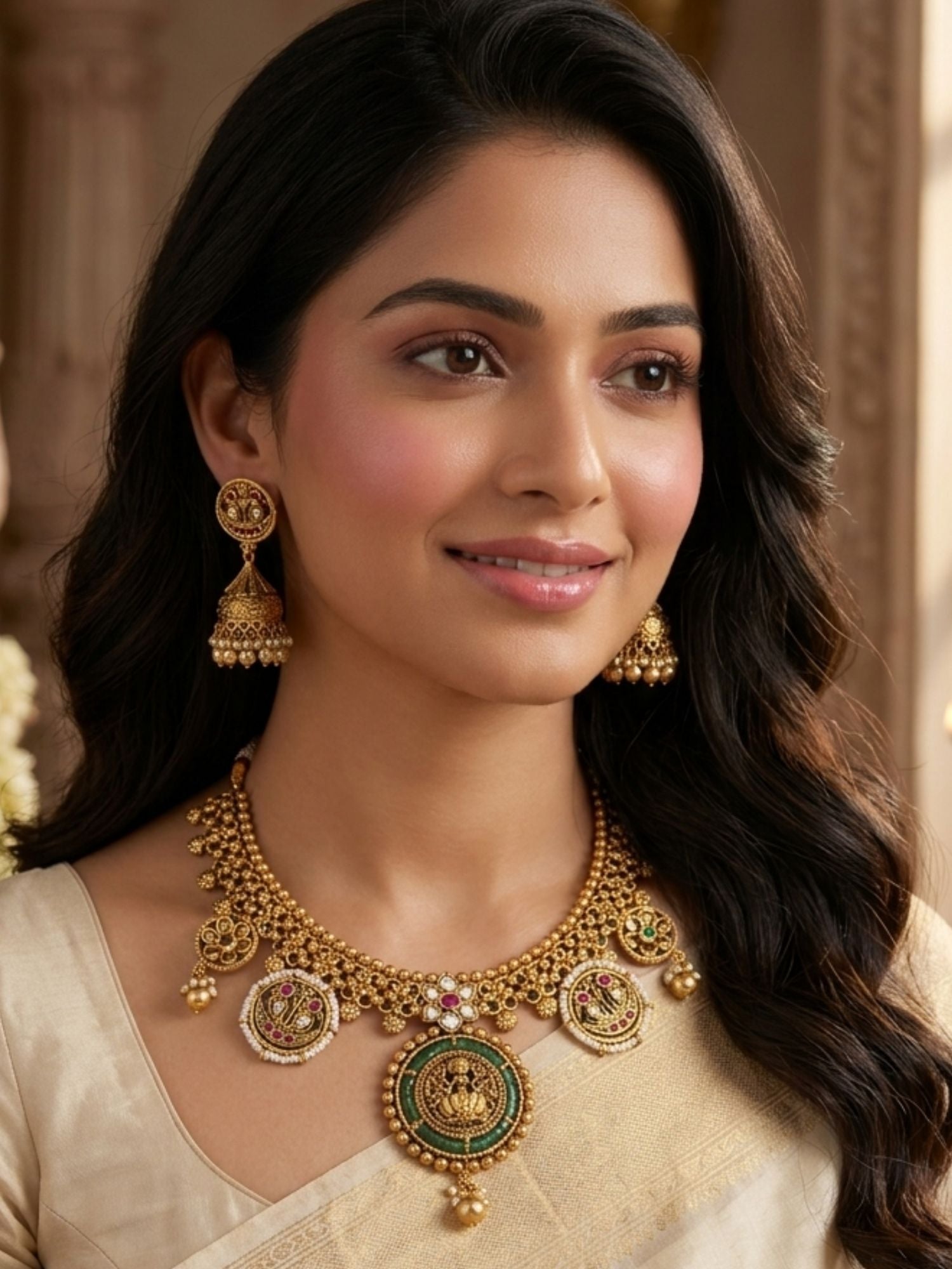 Abdesigns Lakshmi Temple Necklace Set with Antique Gold Finish & Jhumkas