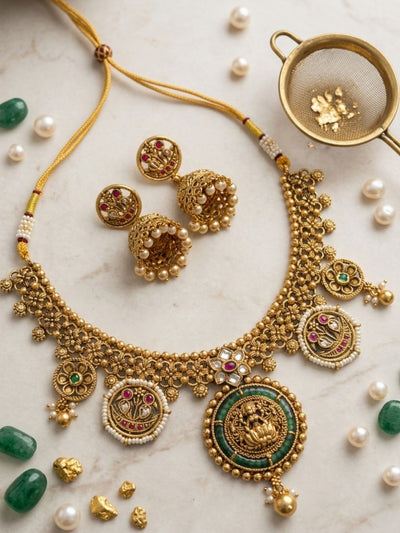 Abdesigns Lakshmi Temple Necklace Set with Antique Gold Finish & Jhumkas
