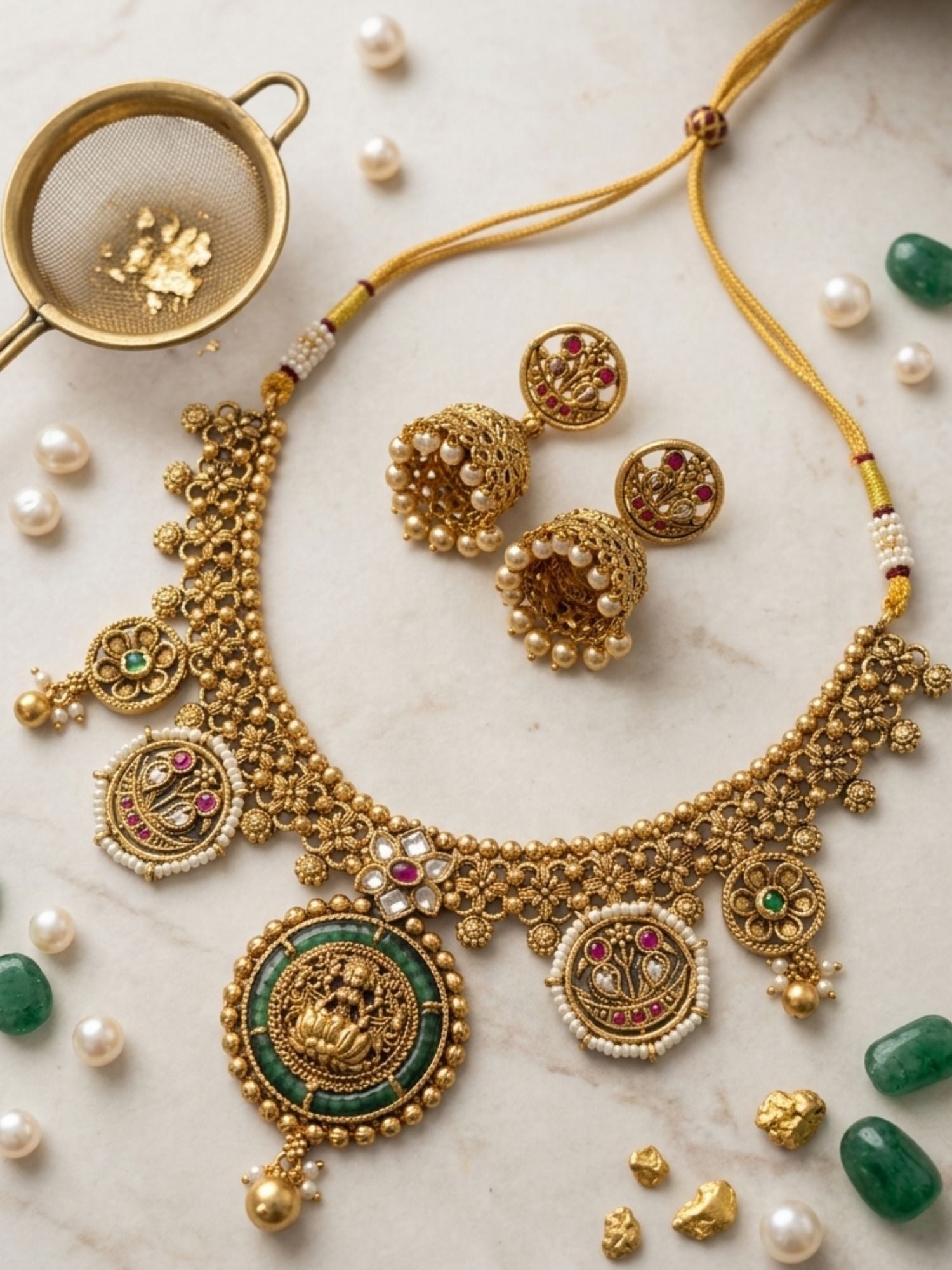 Abdesigns Lakshmi Temple Necklace Set with Antique Gold Finish & Jhumkas
