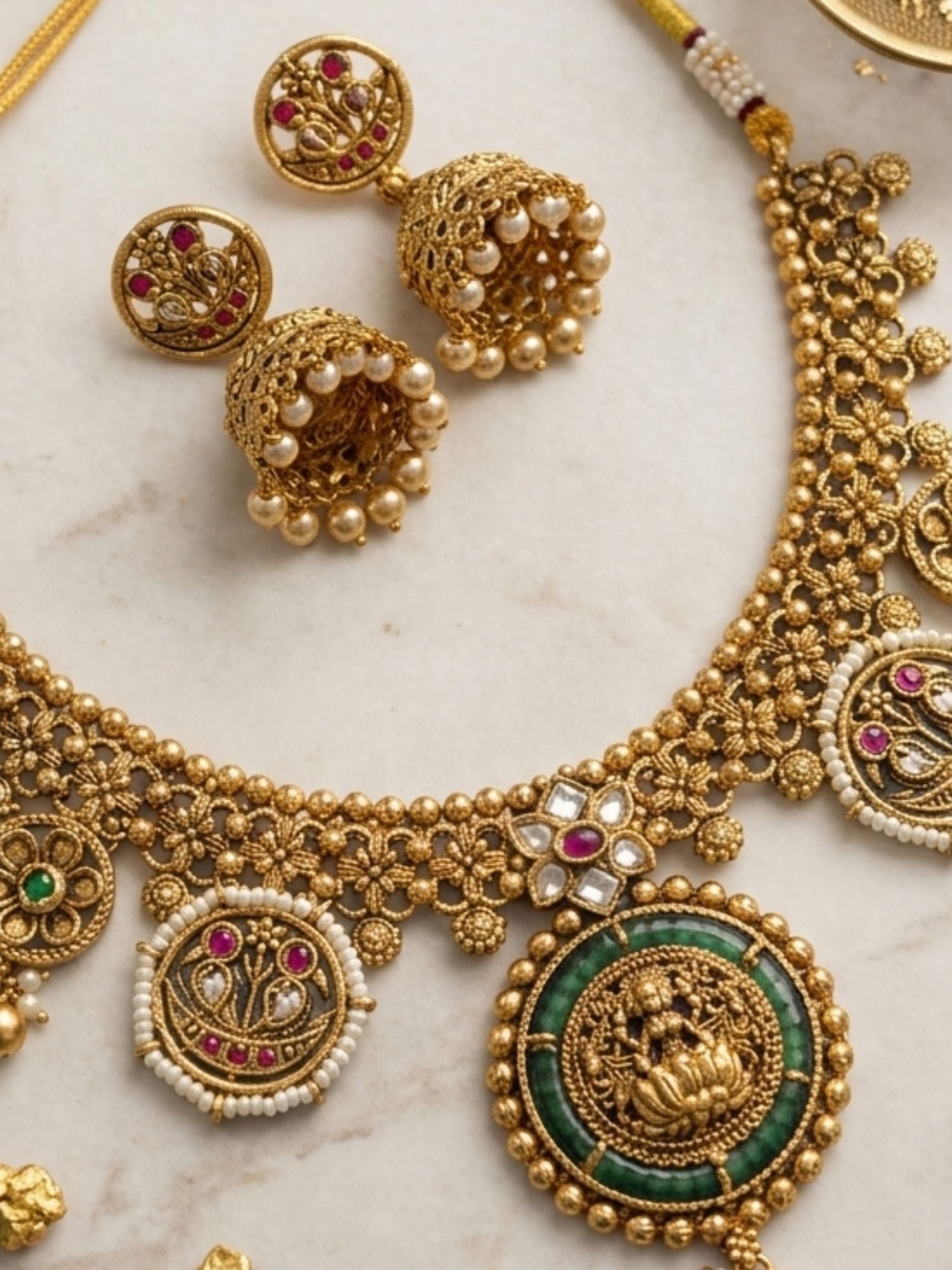 Abdesigns Lakshmi Temple Necklace Set with Antique Gold Finish & Jhumkas